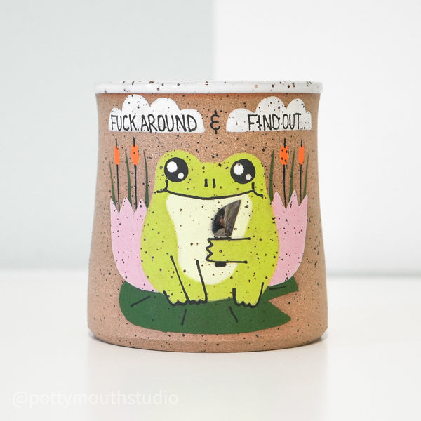 16oz White "Fuck Around" Frog with Knife Cup (No Handle) No. 6